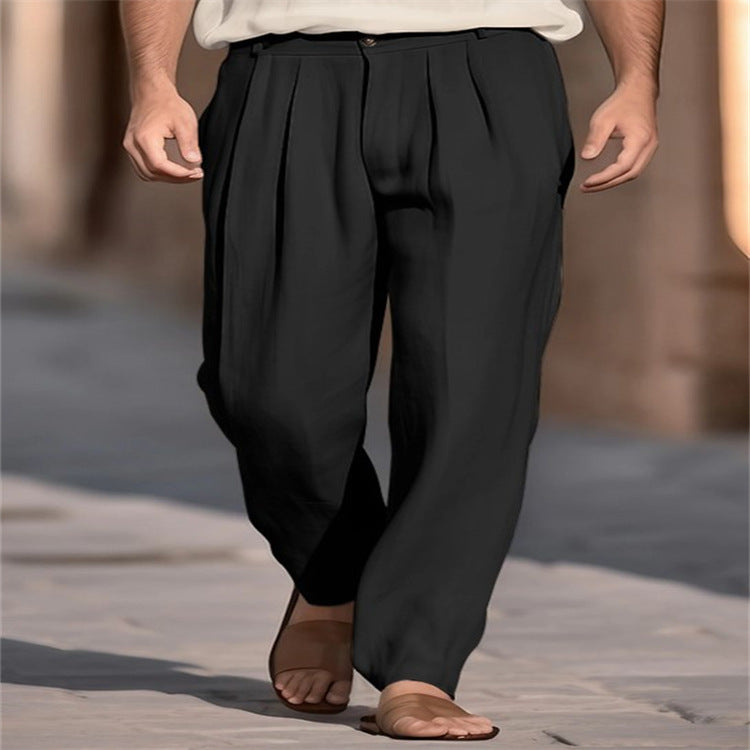 Mens Linen Front-pocket Pleated Loose-fit Casual Straight-leg Trousers
