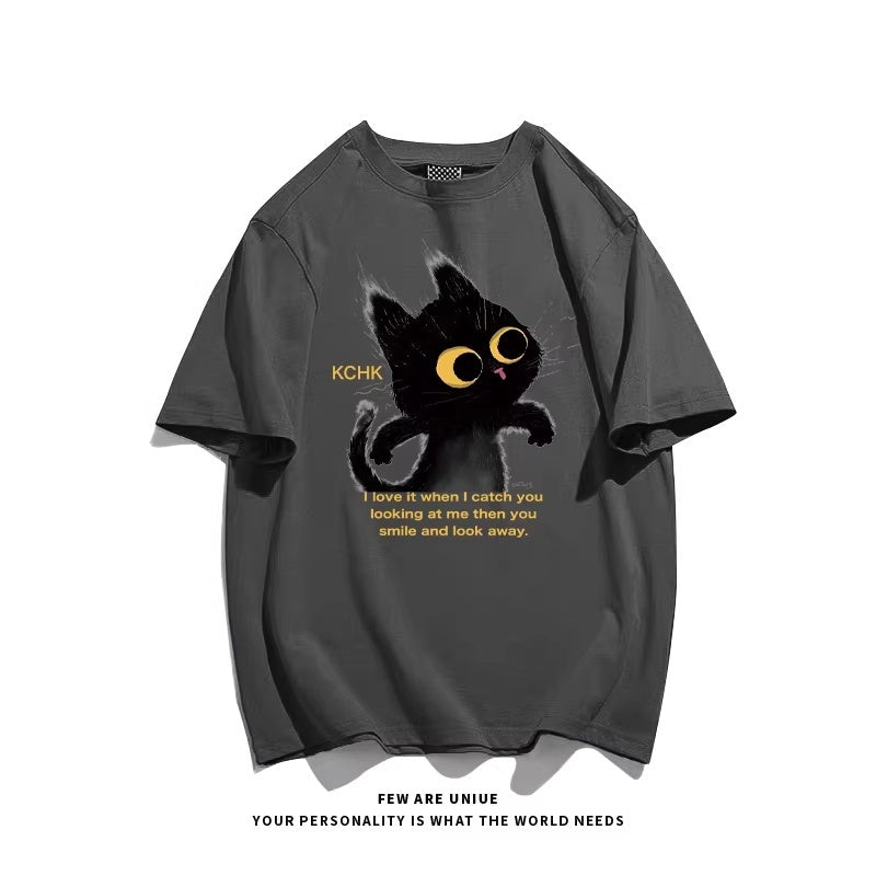 Cute Animal Print Black Cat Loose Fitting Versatile Top For Instagram