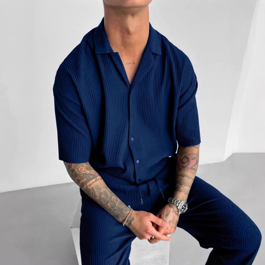 Mens Solid-Color Short-Sleeve Casual Cardigan Shirt