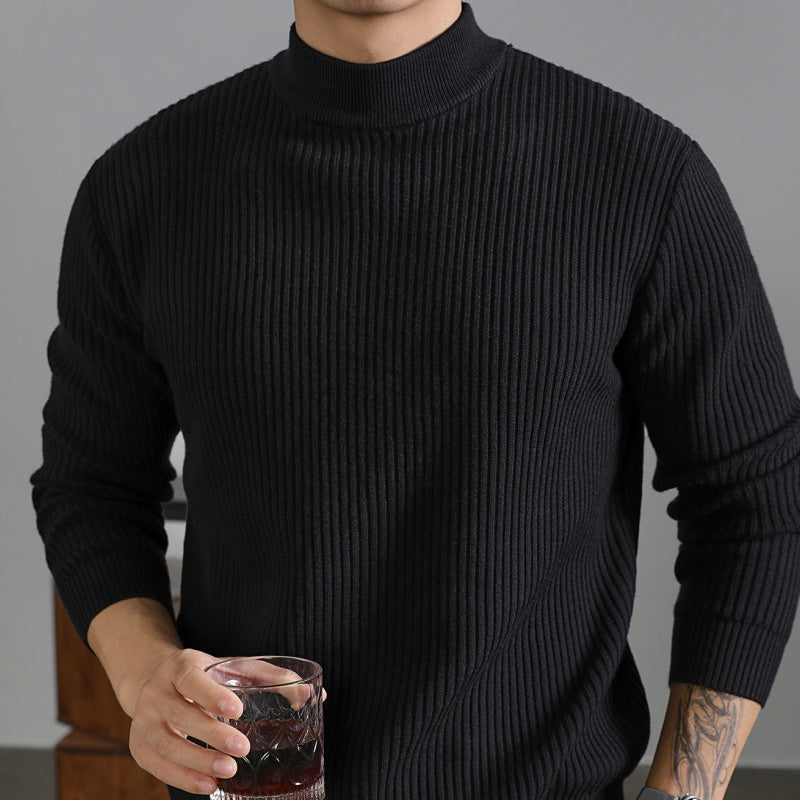 Mens Warm Korean-style Half-turtleneck Sweater With Vertical Stripes For Layering