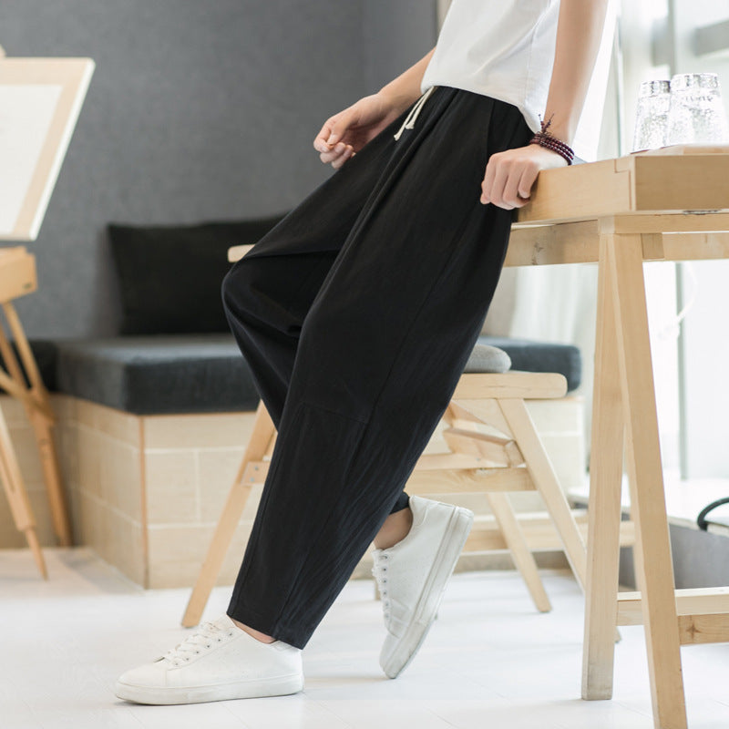 Mens Cotton-linen Relaxed-fit Straight-leg Casual Pants