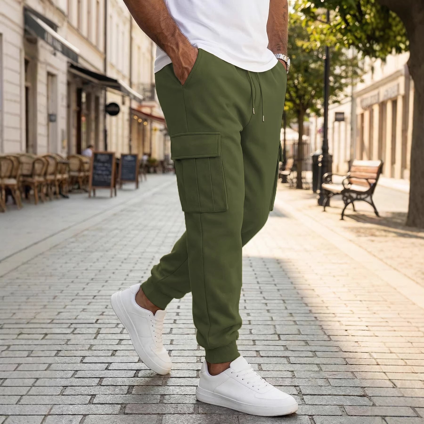 Mens Casual Workwear Pants With Multiple Pockets And A Drawstring