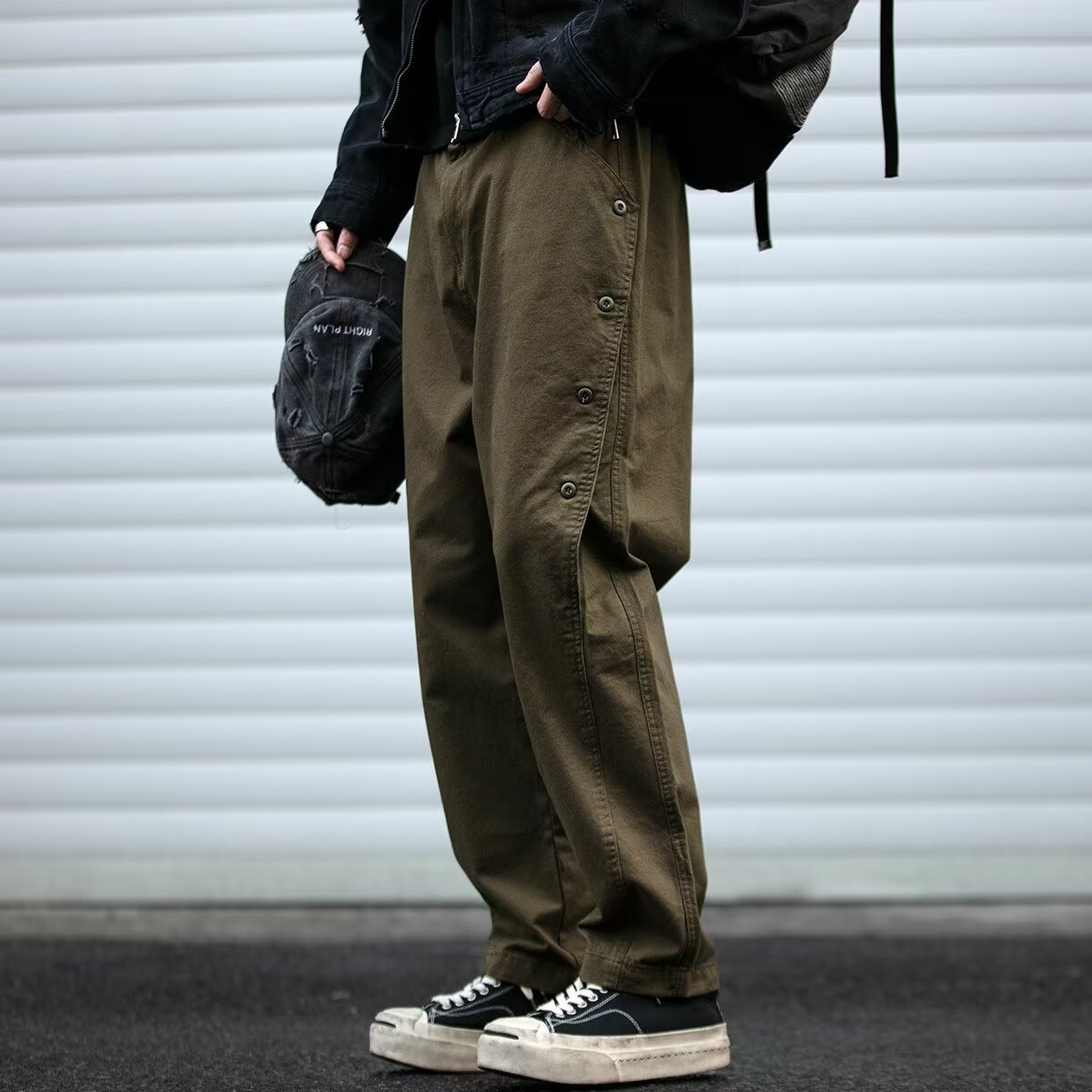 Mens Statement Cargo Pants With A Bold Structured Row Of Buttons