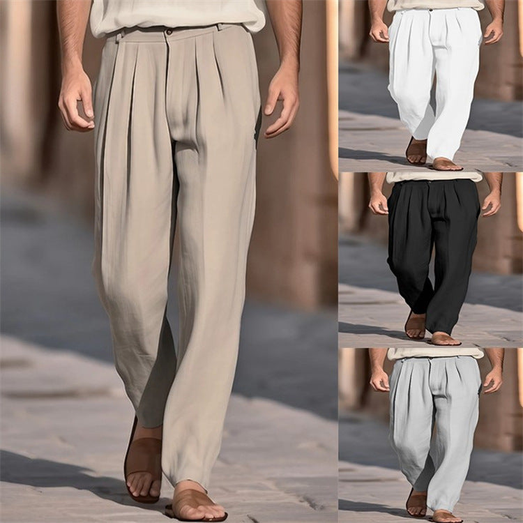 Mens Linen Front-pocket Pleated Loose-fit Casual Straight-leg Trousers