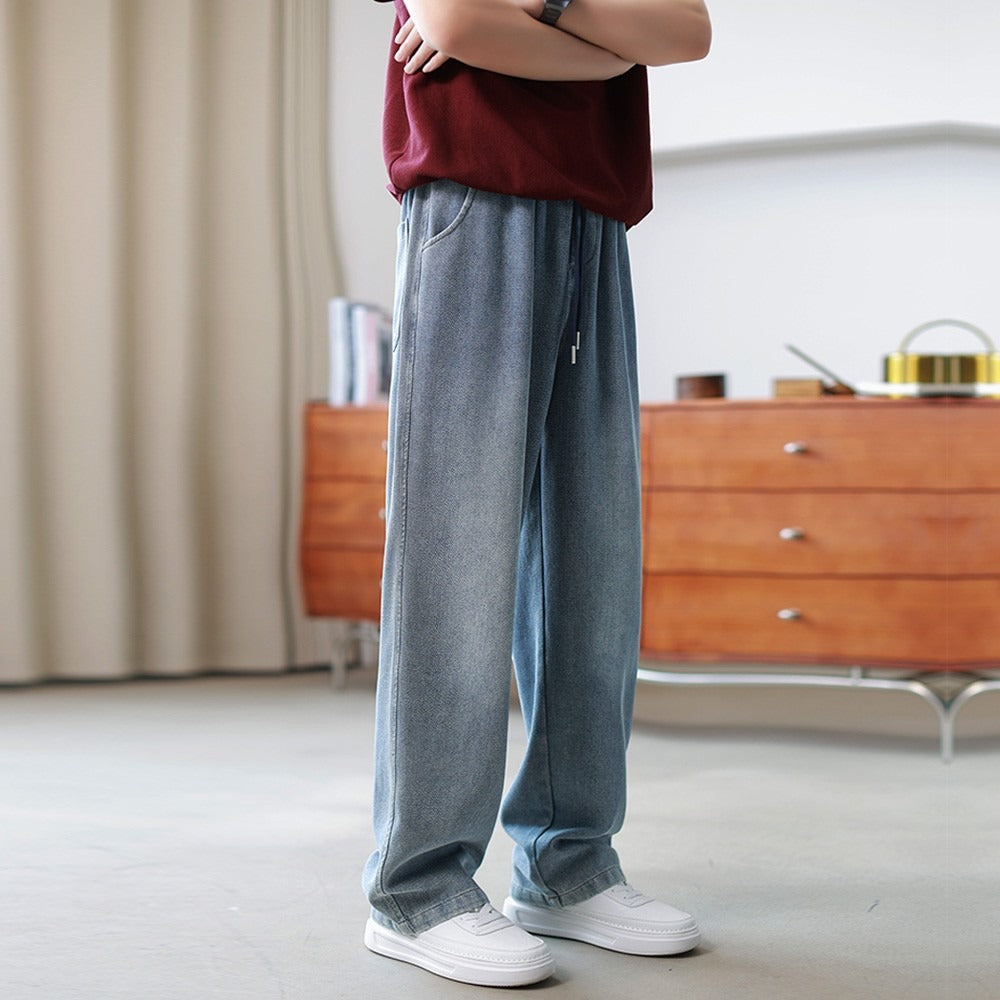 Mens Casual Loose-fit Draped Wide-leg Denim Jeans