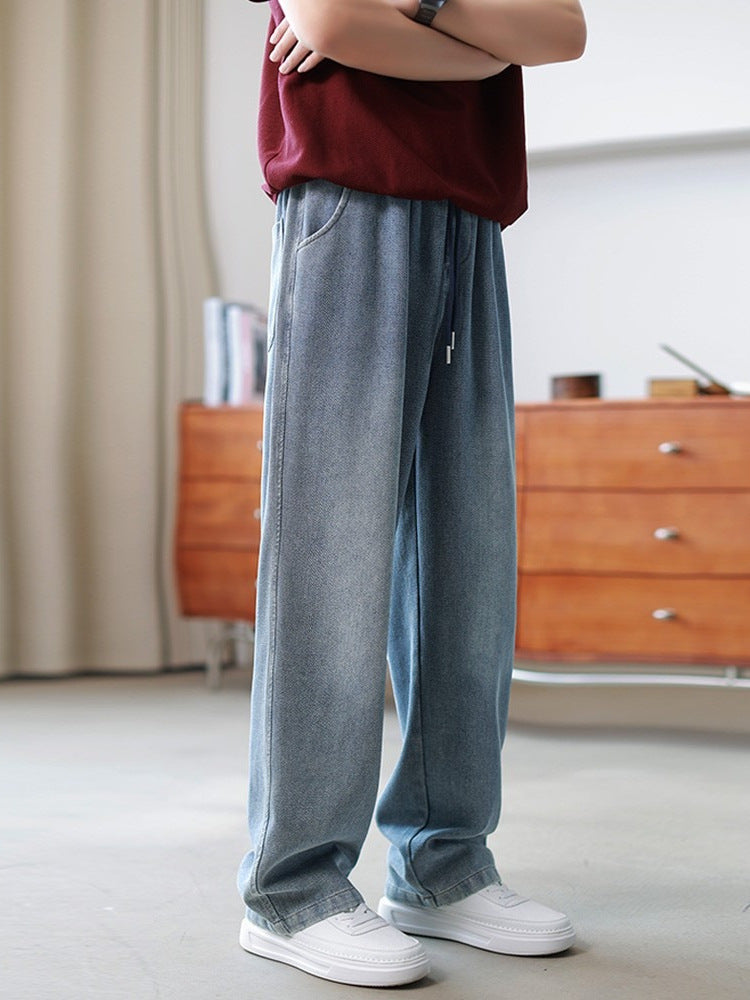 Mens Casual Loose-fit Draped Wide-leg Denim Jeans