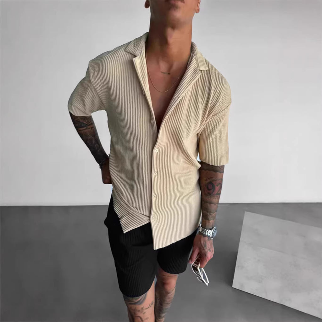 Mens Solid-Color Short-Sleeve Casual Cardigan Shirt