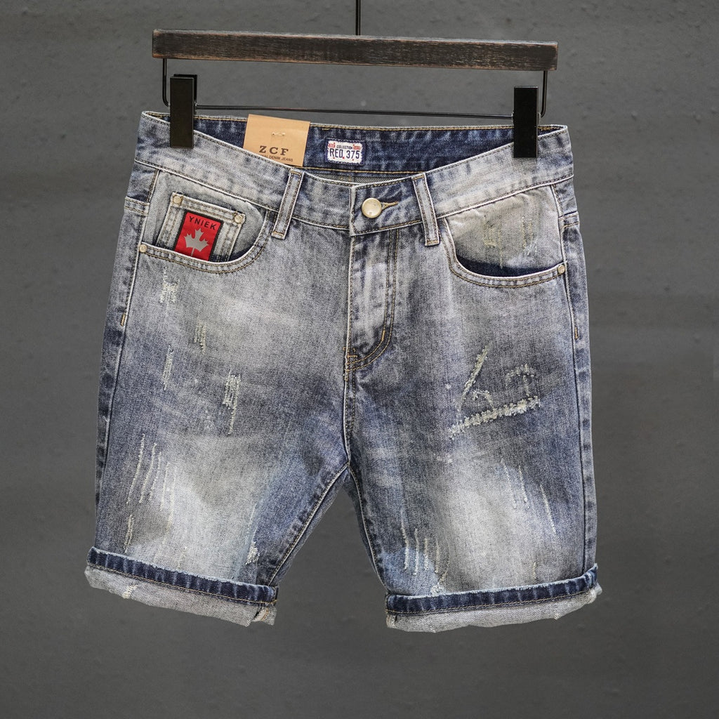 Retro Ripped Denim Mens Trendy Cropped Pants With Fuzzy Hems