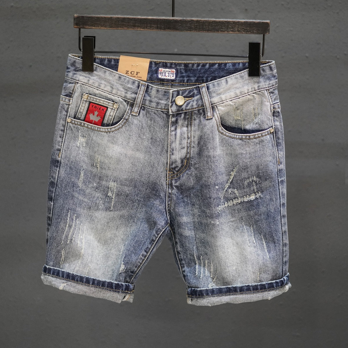 Retro Ripped Denim Mens Trendy Cropped Pants With Fuzzy Hems