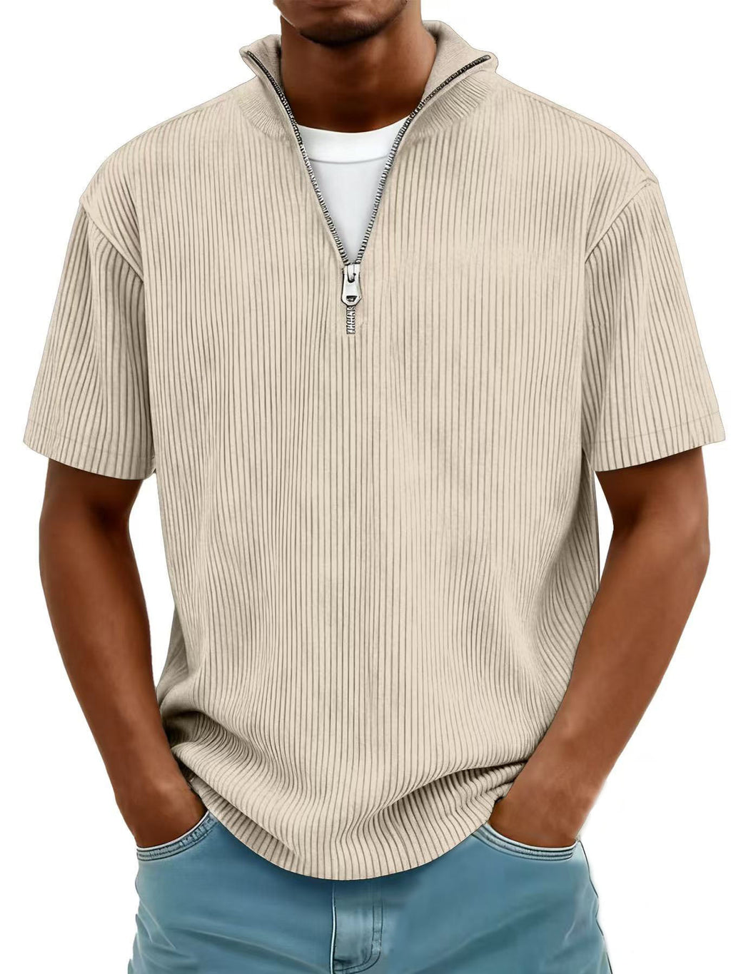 Men's Casual Stand-up Collar Corduroy Short-sleeved Shirt With Zipper