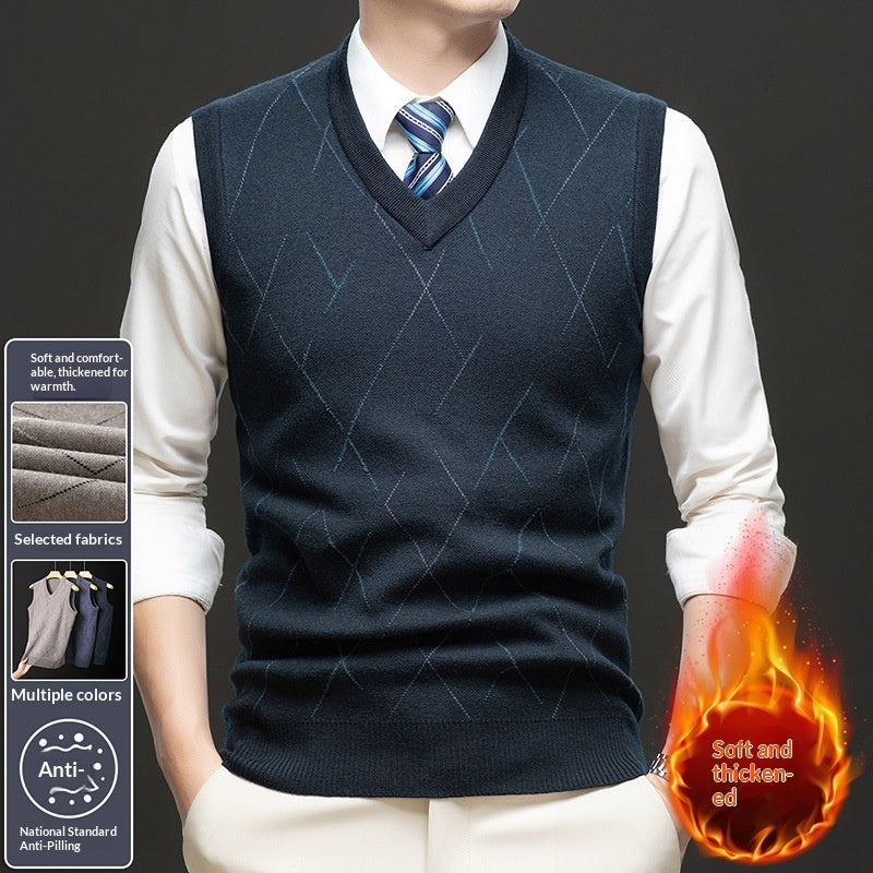 Mens Thickened Sleeveless Knitted Vest With V-Neck And Diamond-Check Pattern