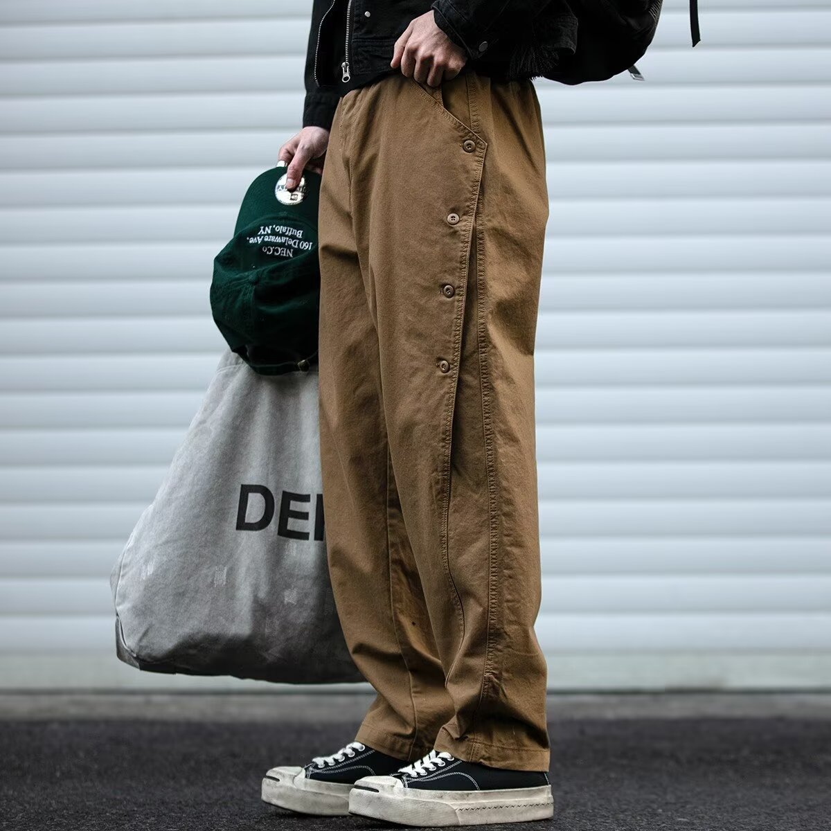 Mens Statement Cargo Pants With A Bold Structured Row Of Buttons