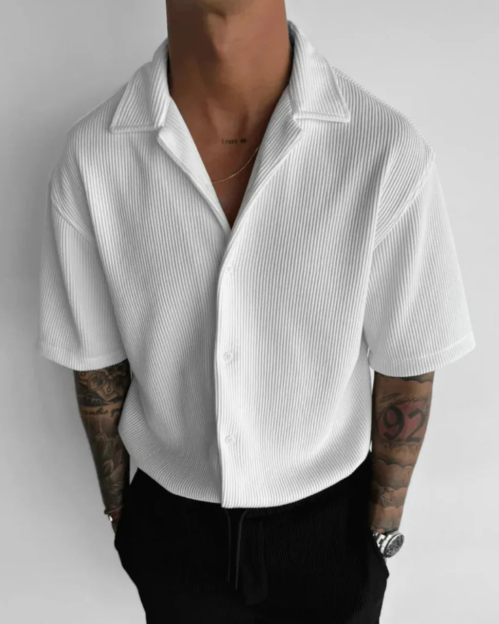 Mens Solid-Color Short-Sleeve Casual Cardigan Shirt