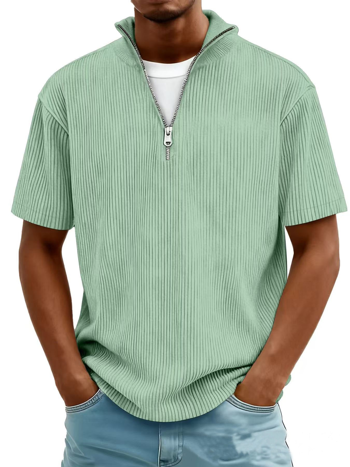 Men's Casual Stand-up Collar Corduroy Short-sleeved Shirt With Zipper
