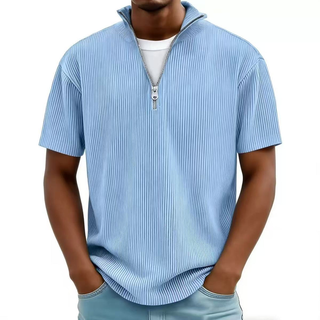 Men's Casual Stand-up Collar Corduroy Short-sleeved Shirt With Zipper