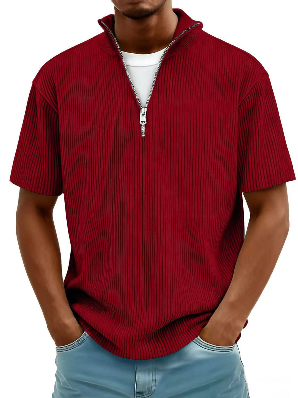 Men's Casual Stand-up Collar Corduroy Short-sleeved Shirt With Zipper