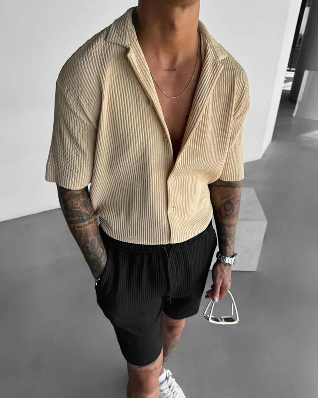 Mens Solid-Color Short-Sleeve Casual Cardigan Shirt