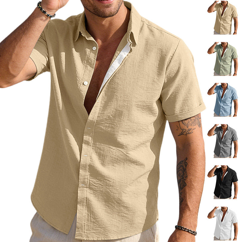 Mens Solid-color Short-sleeve Lapel Shirt