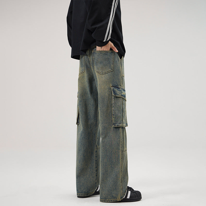 Mens American-style High-street Vintage Multi-pocket Jeans