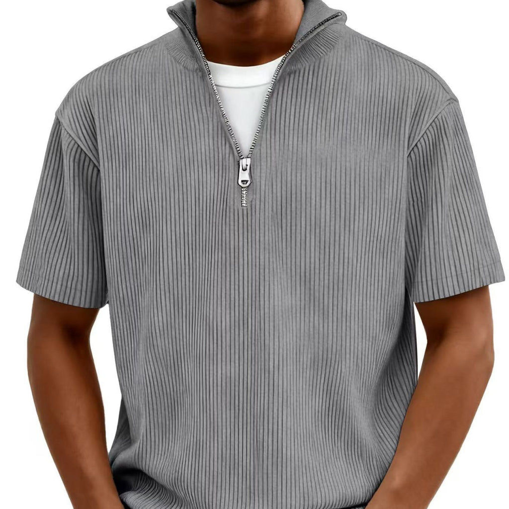 Men's Casual Stand-up Collar Corduroy Short-sleeved Shirt With Zipper