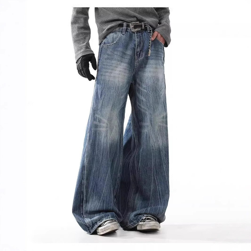 Mens SpringAutumn Washed Lightning-Stripe Jeans