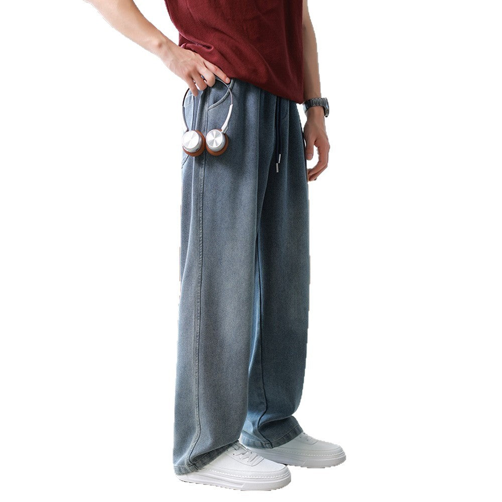 Mens Casual Loose-fit Draped Wide-leg Denim Jeans