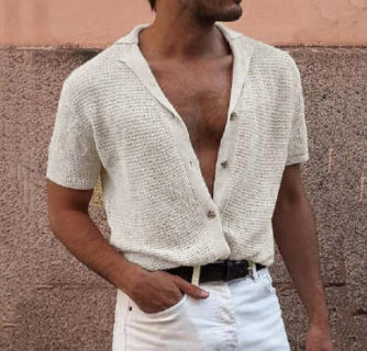 Gentleman Solid Knitted Cardigan Polo Shirts Spring Summer Men's Poloshirt Short Sleeve Sexy V Neck Buttons Cotton Clothing
