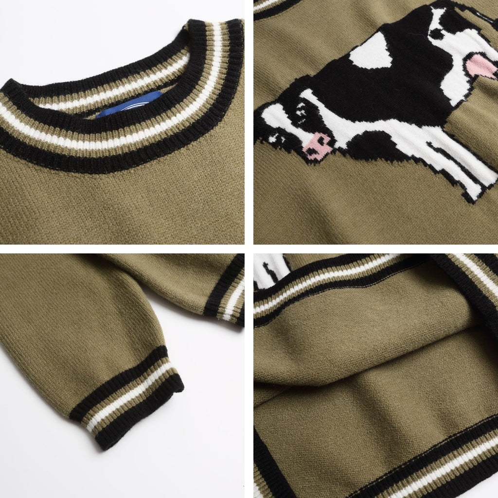 American-style Retro Cute Cow Crewneck Pullover Couple Sweater