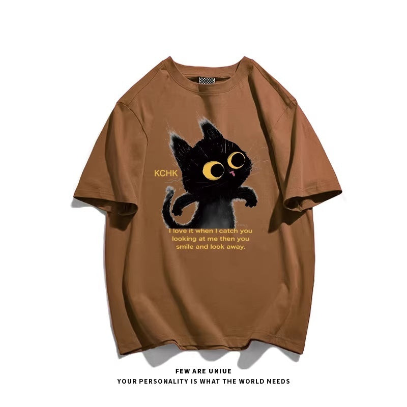 Cute Animal Print Black Cat Loose Fitting Versatile Top For Instagram