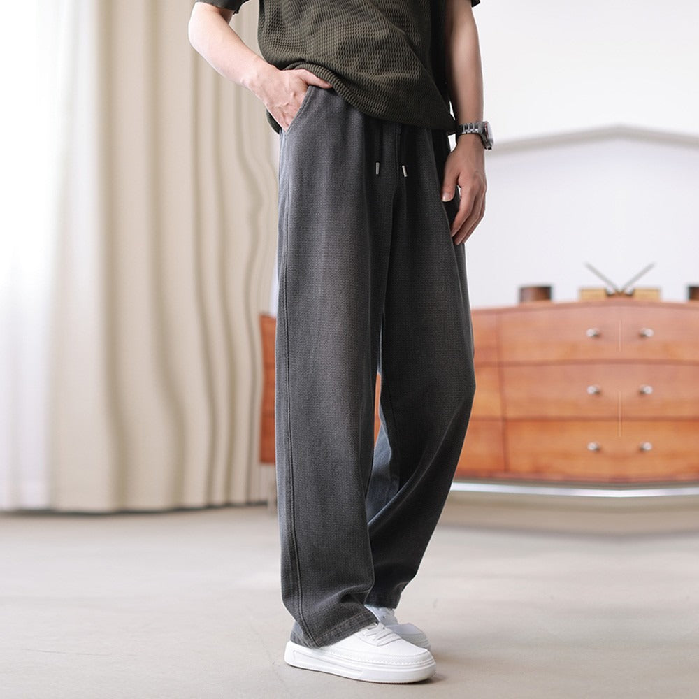 Mens Casual Loose-fit Draped Wide-leg Denim Jeans