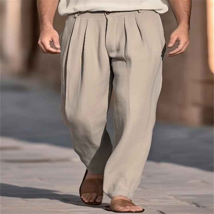 Mens Linen Front-pocket Pleated Loose-fit Casual Straight-leg Trousers