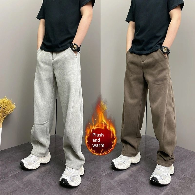 Mens Fleece Lined Thickened Casual Straight Cut Pants