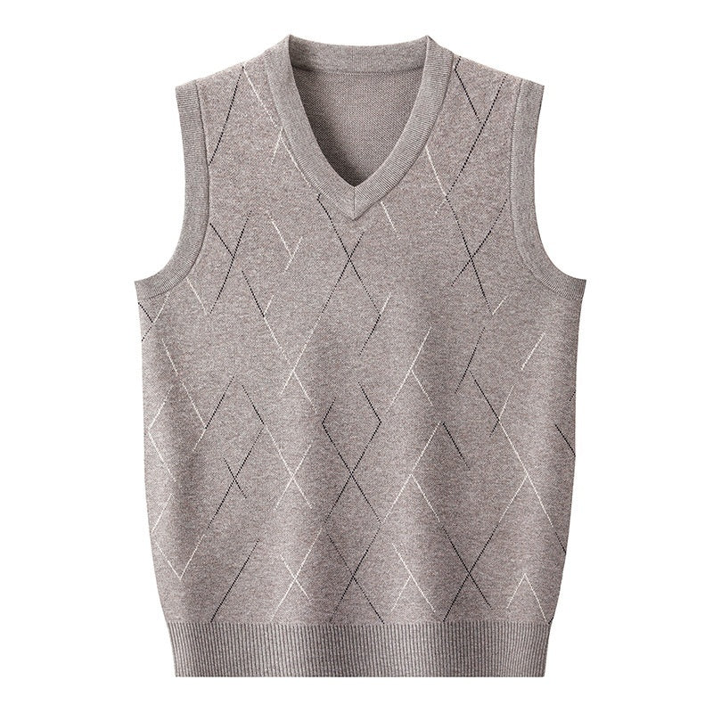 Mens Thickened Sleeveless Knitted Vest With V-Neck And Diamond-Check Pattern