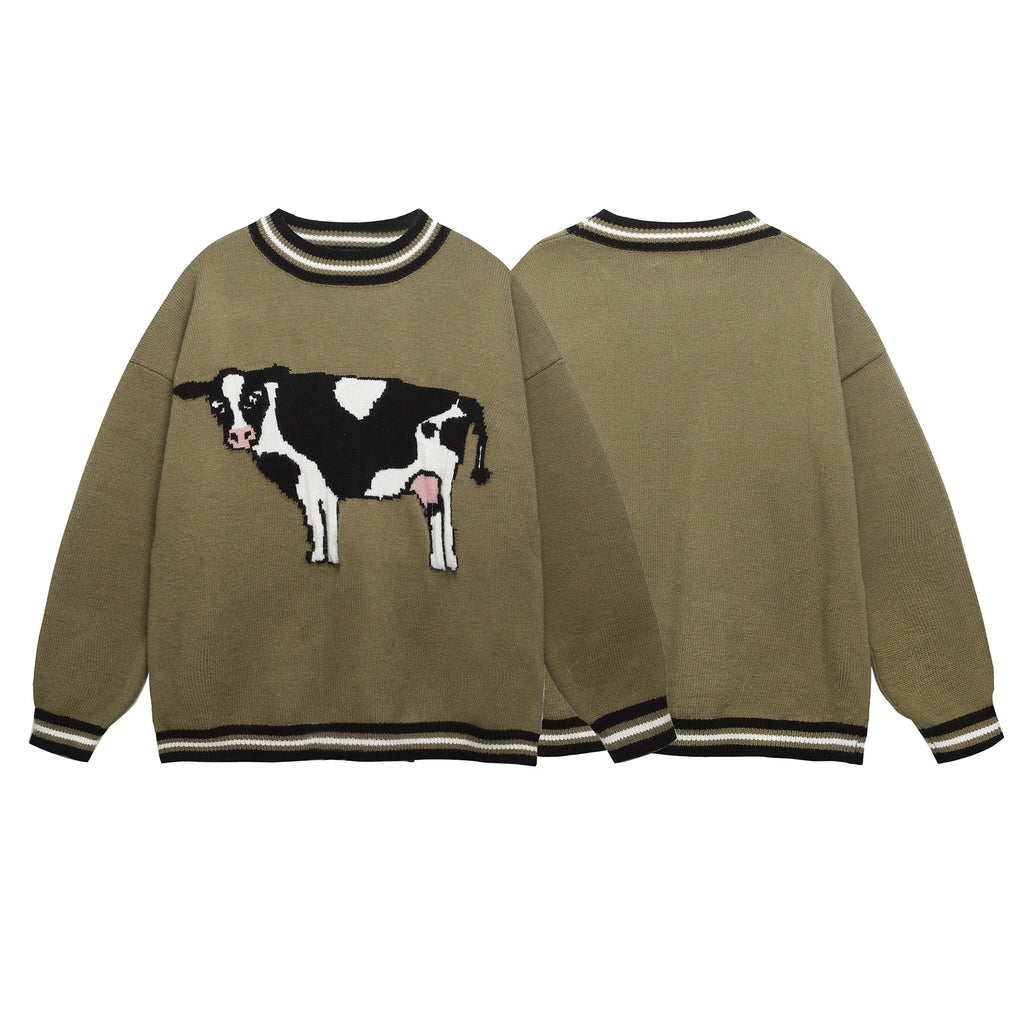 American-style Retro Cute Cow Crewneck Pullover Couple Sweater