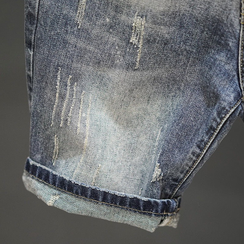 Retro Ripped Denim Mens Trendy Cropped Pants With Fuzzy Hems