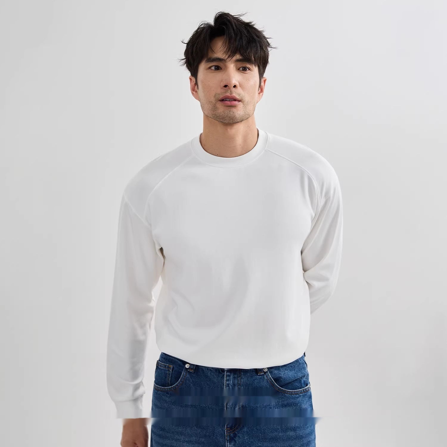 Mens Long-Sleeve American-Style Solid-Color Raglan Sleeve Top