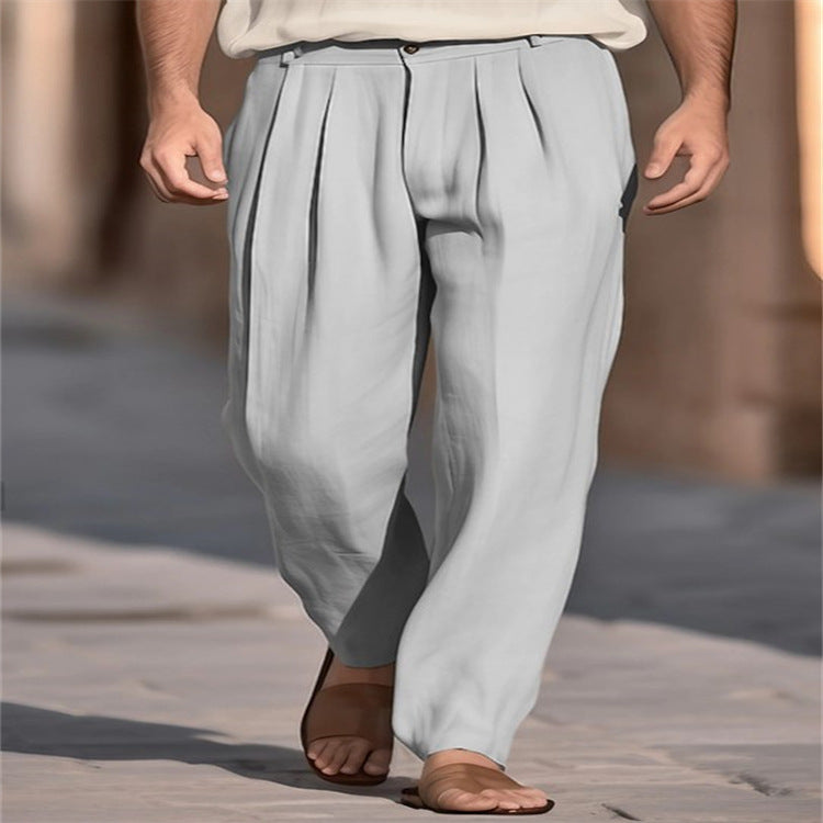 Mens Linen Front-pocket Pleated Loose-fit Casual Straight-leg Trousers