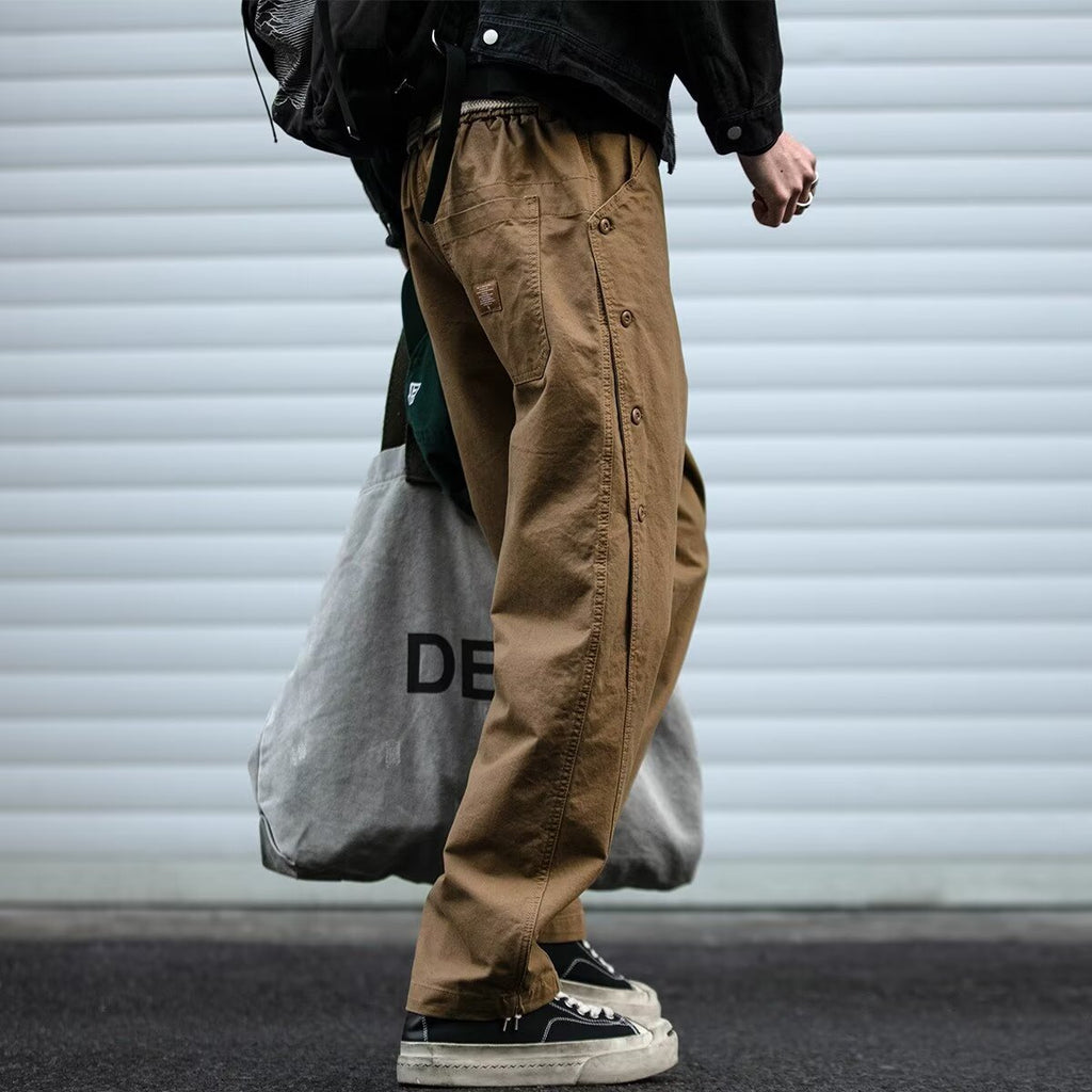 Mens Statement Cargo Pants With A Bold Structured Row Of Buttons
