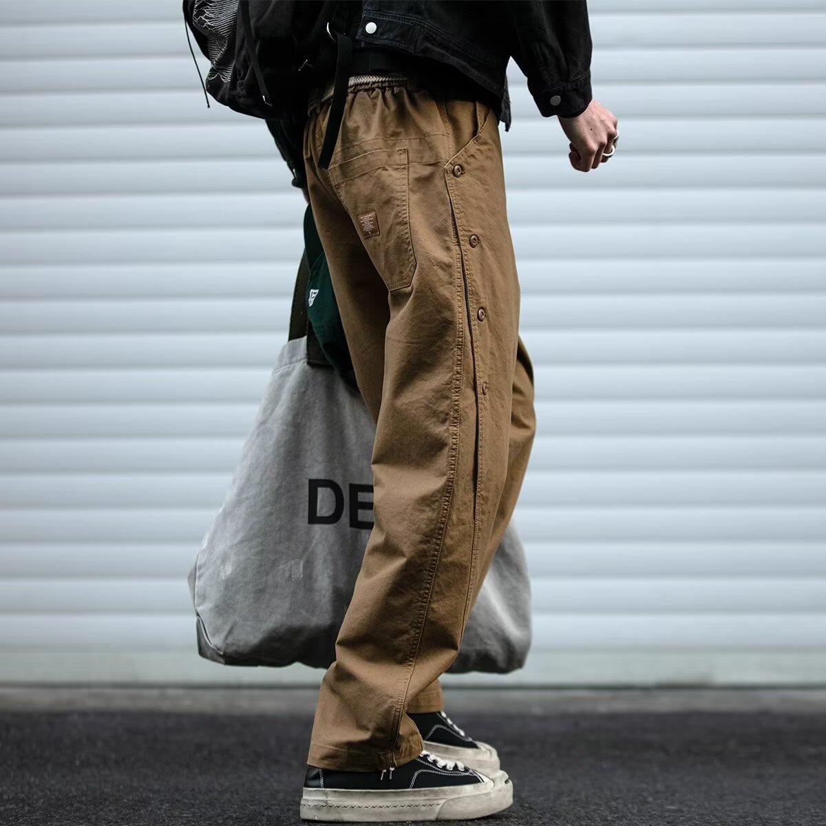 Mens Statement Cargo Pants With A Bold Structured Row Of Buttons