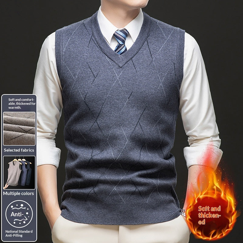 Mens Thickened Sleeveless Knitted Vest With V-Neck And Diamond-Check Pattern